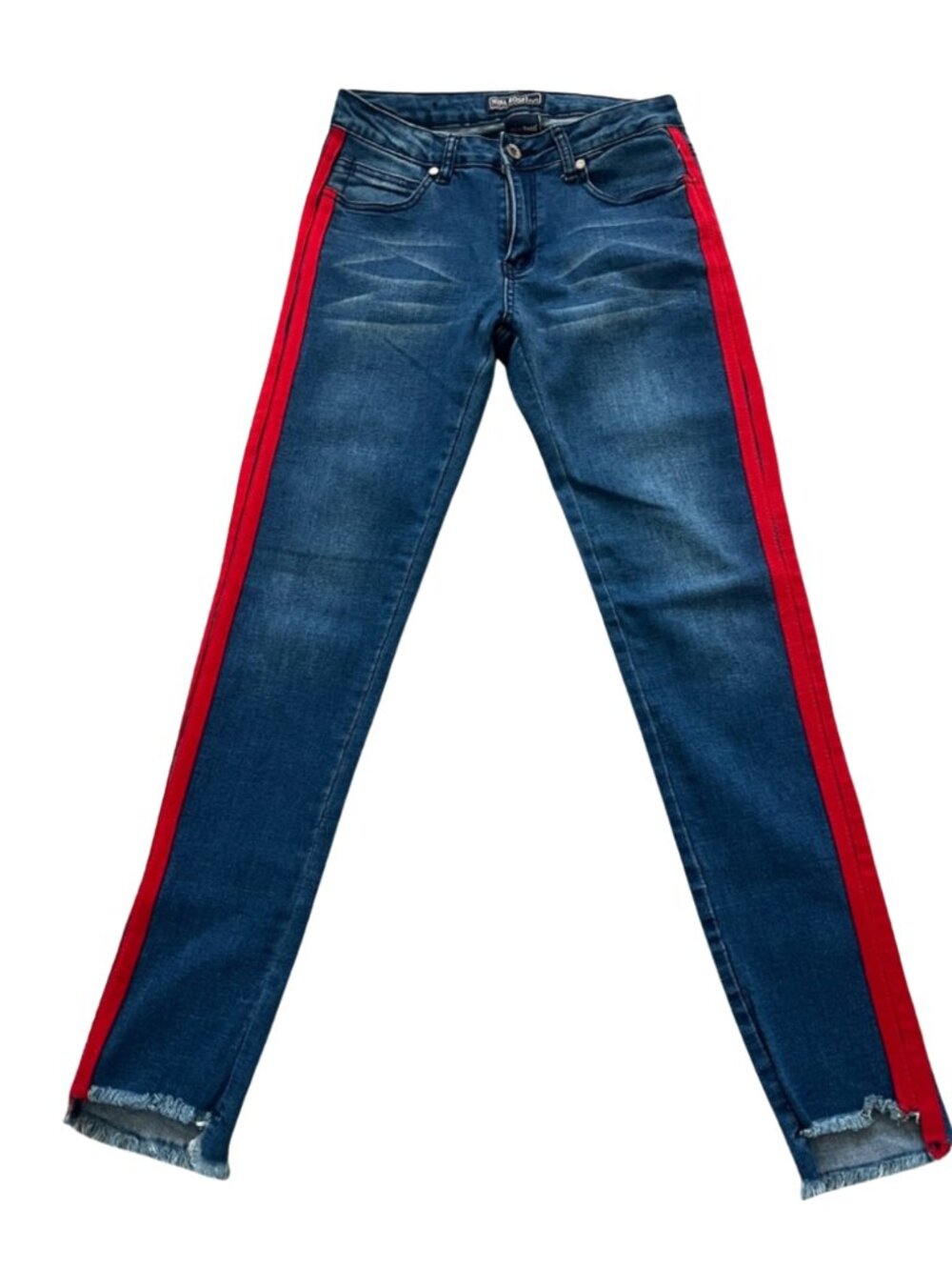 Nina Rossi Women’s Dark Blue Jeans with Red Side Stripes and Rough Hem - Size 7